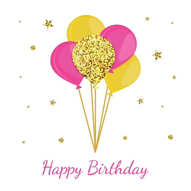 Поздравительная открытка с днем рождения с воздушными шарами и блеском
