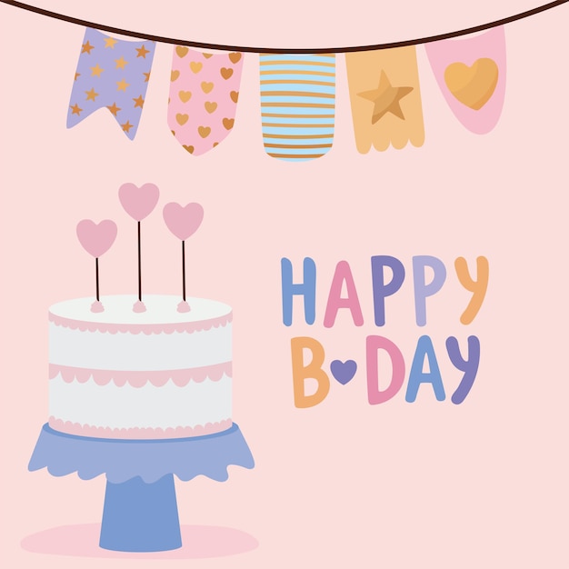 Happy birthday greeting card with a birthday cake and garland