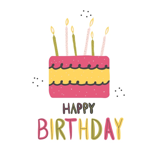 Happy birthday greeting card with cake and candles on white background