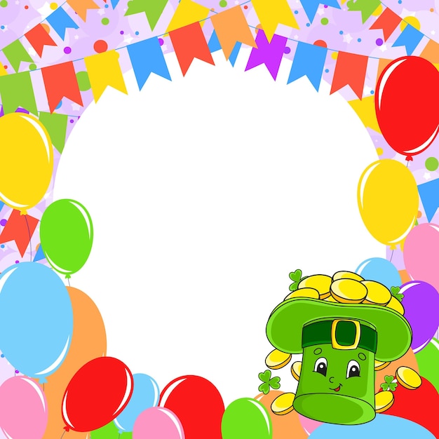 Happy birthday greeting card with a cute cartoon character With copy space for your text Picture on the background of bright balloons confetti and garlands Vector illustration