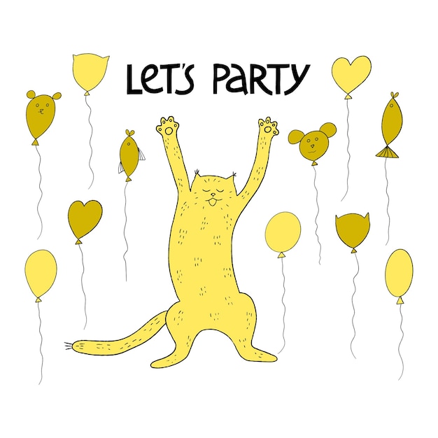 Biglietto di auguri di buon compleanno con simpatico gatto e palloncini lettering disegnato a mano lets party b party