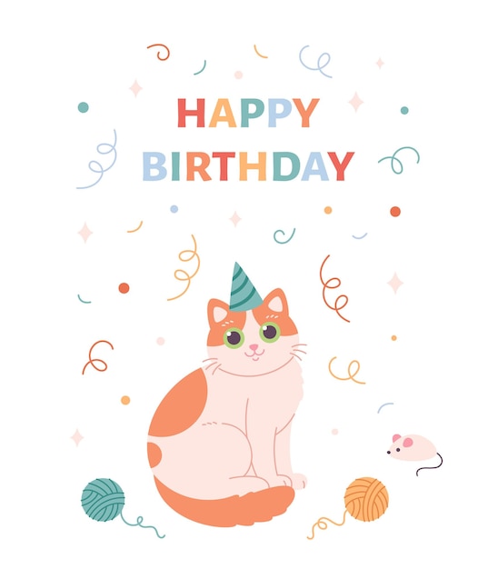 Biglietto d'auguri di buon compleanno con simpatico gatto in cappello da festa coriandoli di celebrazione della festa