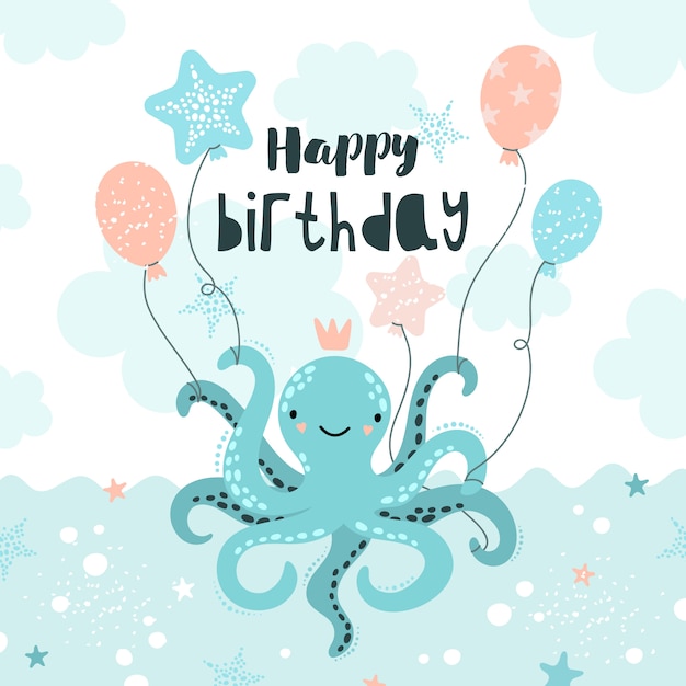 Открытка с днем рождения с милый осьминог.