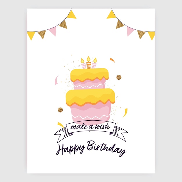 Happy birthday greeting card with delicious cake burning candles and bunting flags on white background