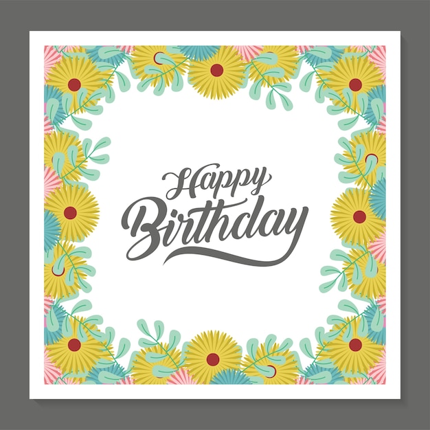 happy birthday greeting card with flower wreath