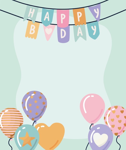 Vector happy birthday greeting card with garland and balloons