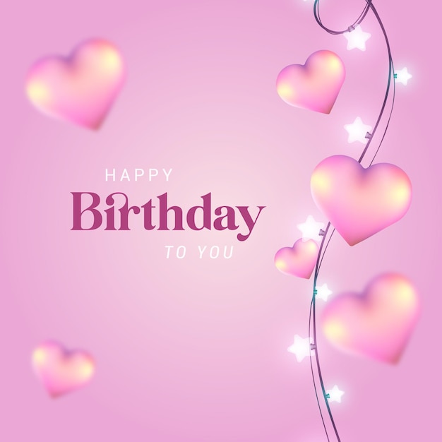 Happy Birthday greeting card with garland and realistic hearts