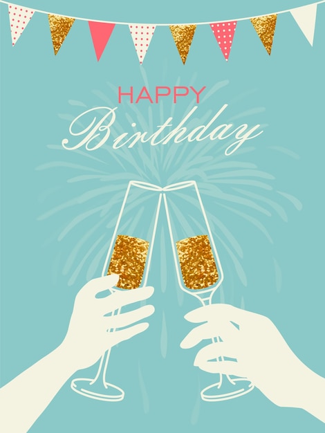 Vector happy birthday greeting card with a glasses of champagne and fireworks illustration of champagne