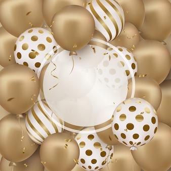 Cartolina d'auguri di buon compleanno con palloncini 3d dorati, cornice rotonda.