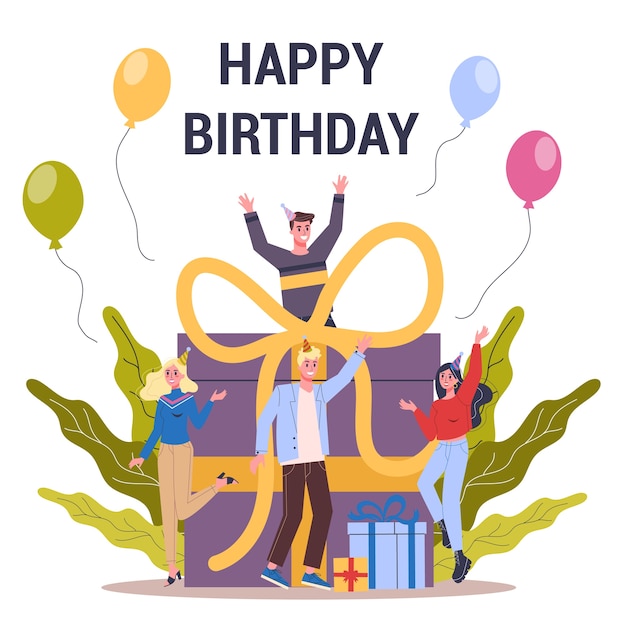 Vector happy birthday greeting card with people celebrate around big box with present. calendar event, celebration. balloon and big bow.    illustration