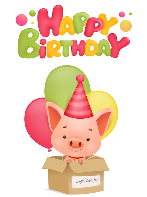 Happy birthday greeting card with pig cartoon character. vector illustration