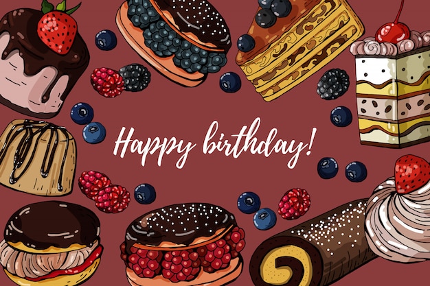 과자 케이크와 함께 생일 축하 인사말 카드
