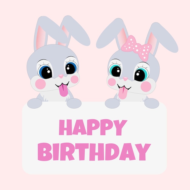 Vector happy birthday greeting card with two cartoon hares