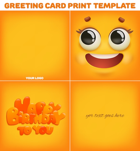 Happy birthday greeting card with yellow smile emoji face. Print template