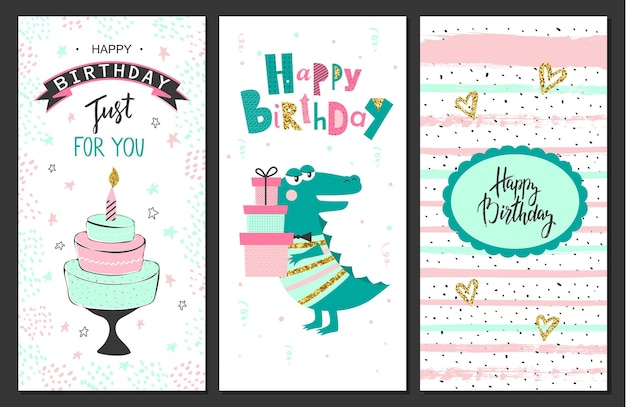 happy birthday greeting cards and party invitation templates vector illustration