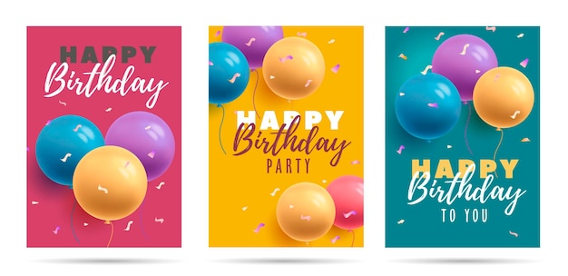 Плакат поздравительных открыток с днем рождения с яркими 3d воздушными шарами круглой формы и каллиграфией