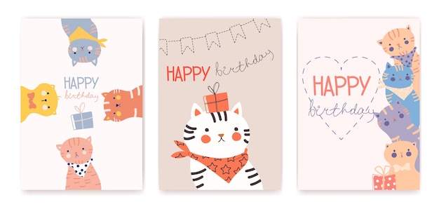 Vector happy birthday greeting cards with funny cats vector illustration