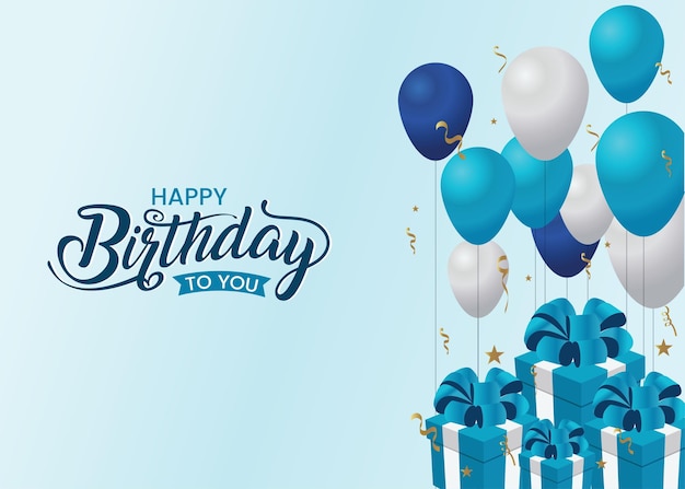 생일 축하 디자인: 선물 상자 풍선과 함께 파란색 공간에서 생일 축하의 글자