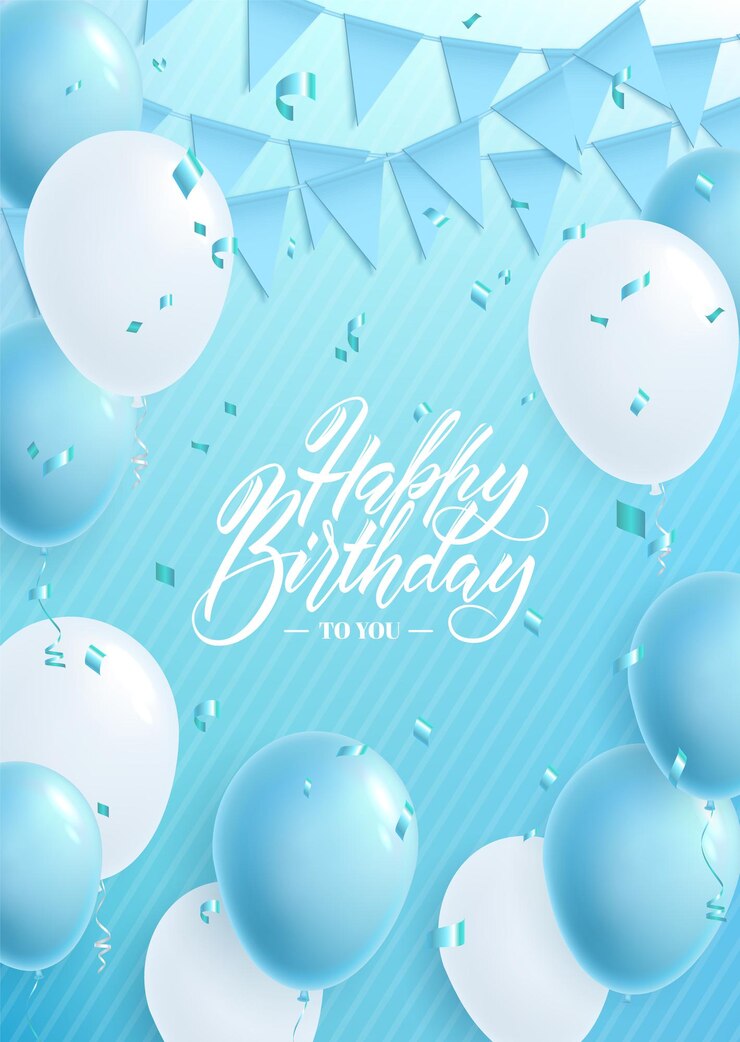 Happy Birthday greeting or invitation card with blue and white balloons and flags