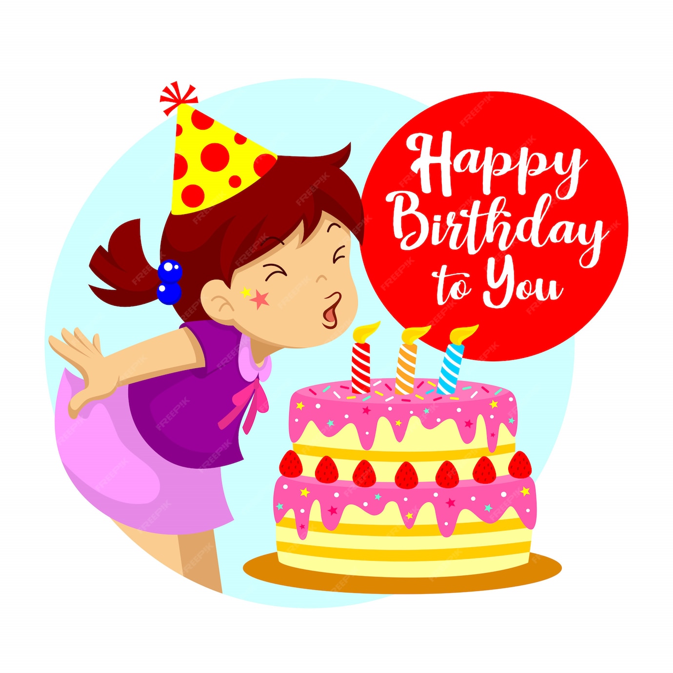 Premium Vector | Happy birthday greeting. a little girl blowing out ...