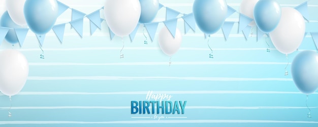 Открытка с днем рождения или приглашение с синими и белыми воздушными шарами и флагами