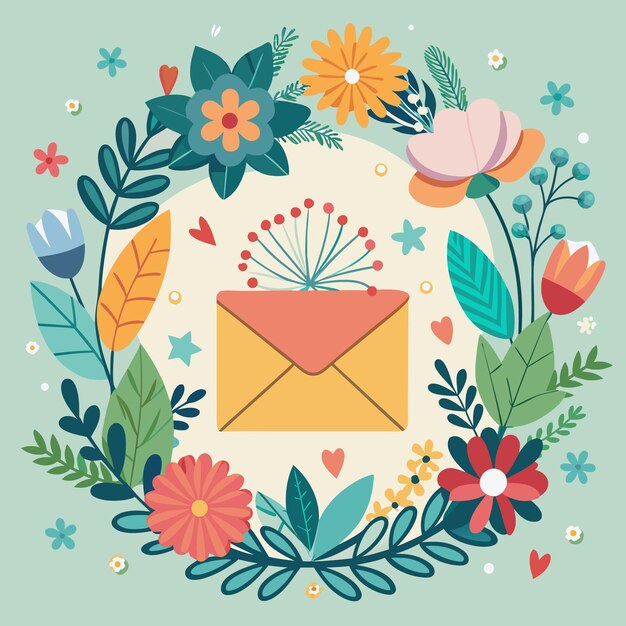 ハッピーバースデー・グリーティング手描きの花束の封筒と花のベクトルイラストの正方形の背景