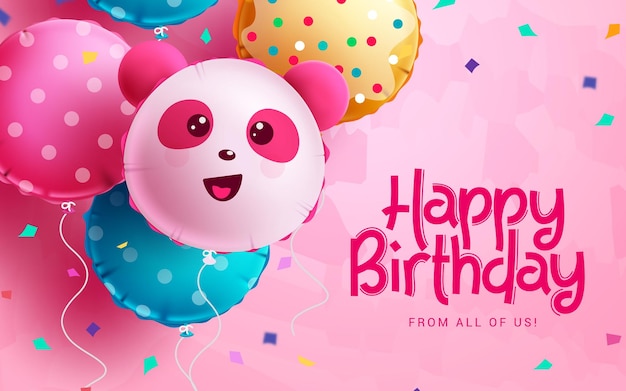 Buon compleanno saluto testo disegno vettoriale. elementi del palloncino del panda del personaggio di compleanno per la festa dei bambini