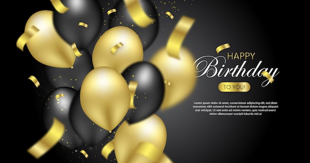 happy birthday greetings with black and golden balloons