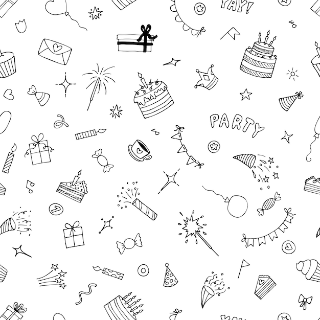 ハッピーバースデー 手描きパーティーシームレスパターン 誕生日テーマ 可愛い落書きの背景