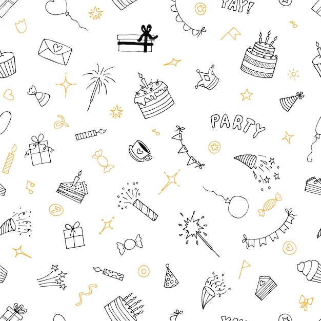 ハッピーバースデー 手描きパーティーのシームレスなパターン 可愛いドードル背景 誕生日テーマ