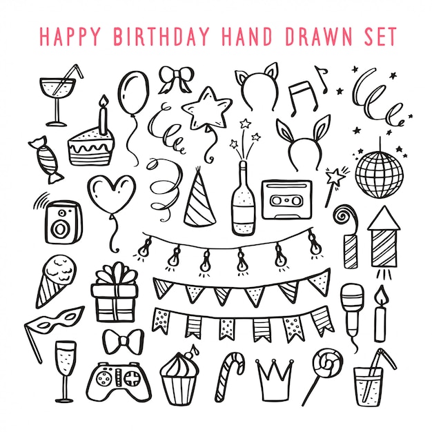 Vector happy birthday hand drawn set. vector vintage illustration.