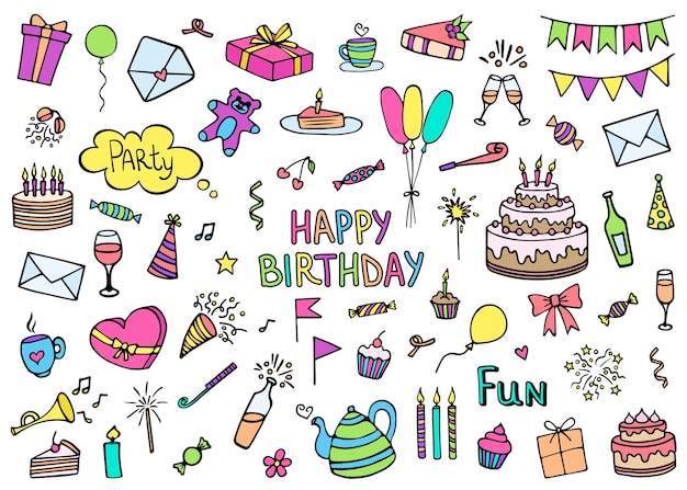 Happy birthday handdrawn doodle icon set a large set of festive cliparts