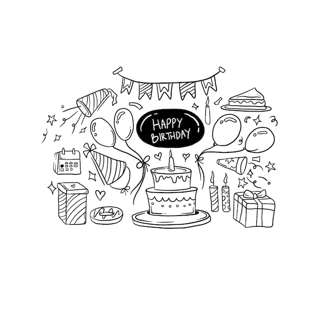 happy birthday handrawn doodle illustrations vector