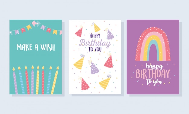 Vector happy birthday, hats candles rainbow decoration celebration greeting card and party invitation templates