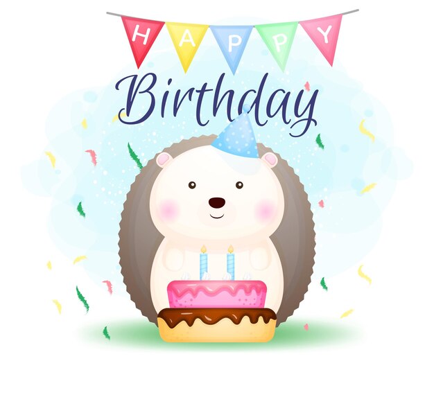 Happy birthday hedgehog cartoon character 