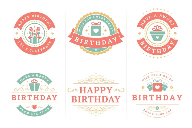 Vector happy birthday holiday congratulations vintage emblem badge set for greeting card design vector flat