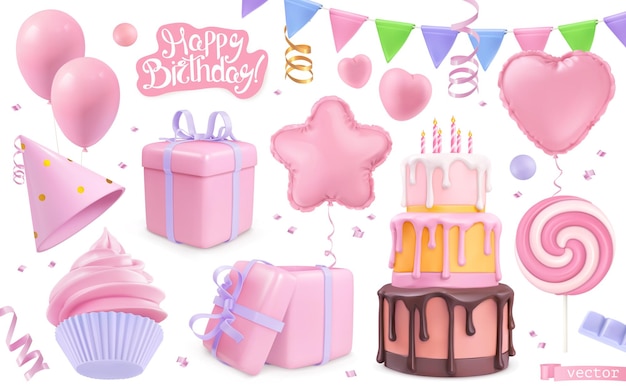 Happy birthday holiday decorations set. 3d vector realistic objects. toy balloons, heart, star symbols, cupcake, cake, gift box