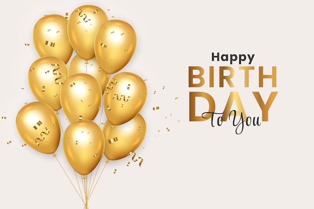 Vector happy birthday horizontal illustration with 3d realistic golden air balloon on white background