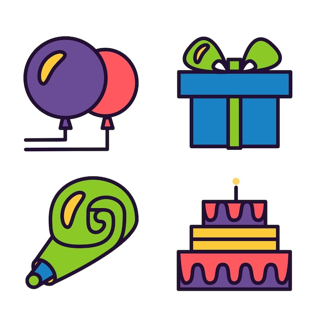 Happy birthday icons. celebration greeting symbols. vector