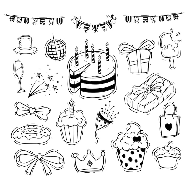 happy birthday icons collection with cake, gift box and ribbon