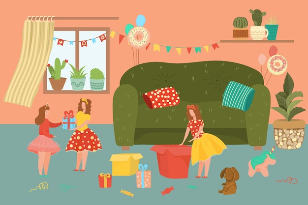 Happy birthday  illustration.   girl twins characters celebrating birthdate in home interior, receiving and unpacking gifts from friends. people on party celebration background