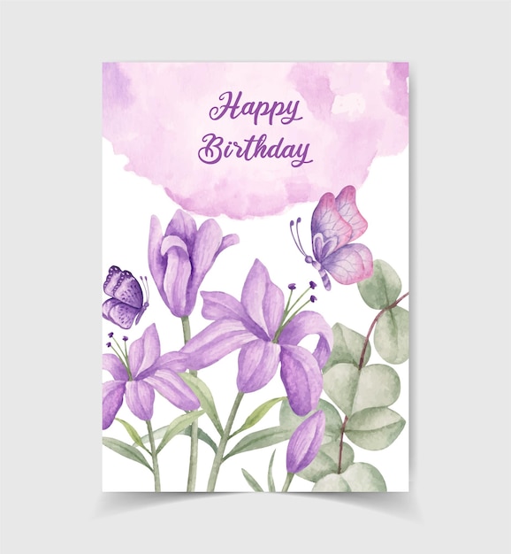 Scheda dell'invito di buon compleanno con decorazione floreale dell'acquerello