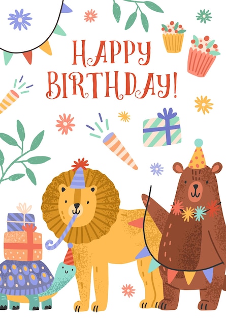 벡터 귀여운 동물, 선물 상자, 화환으로 장식된 생일 축하 초대장이나 인사말 카드. 키즈 파티를 위한 축제 엽서의 평평한 벡터 만화 유치한 삽화.