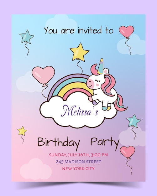 Happy birthday invitation with rainbow and unicorn in vector