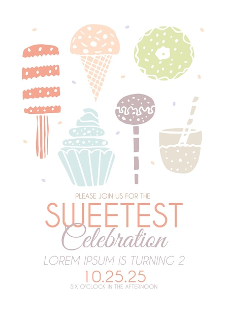 Happy Birthday Invitation with Sweets in Vector