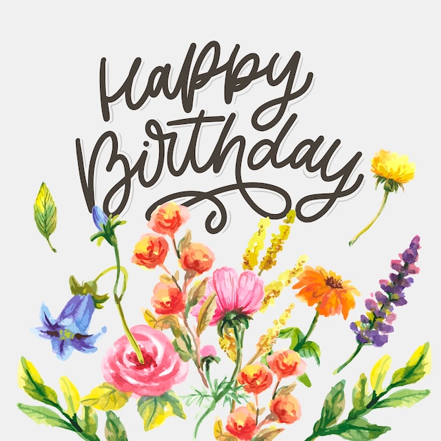 Vector happy birthday lettering calligraphy slogan with flowers