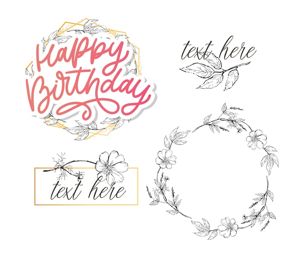 Happy Birthday lettering calligraphy with flowers
