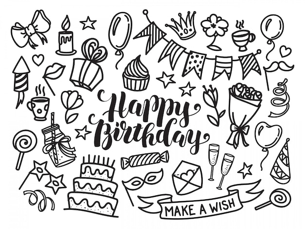 Happy birthday lettering and doodle set