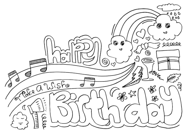 Happy birthday lettering banner di testo con nuvole cuore regali note musicali colore nero.