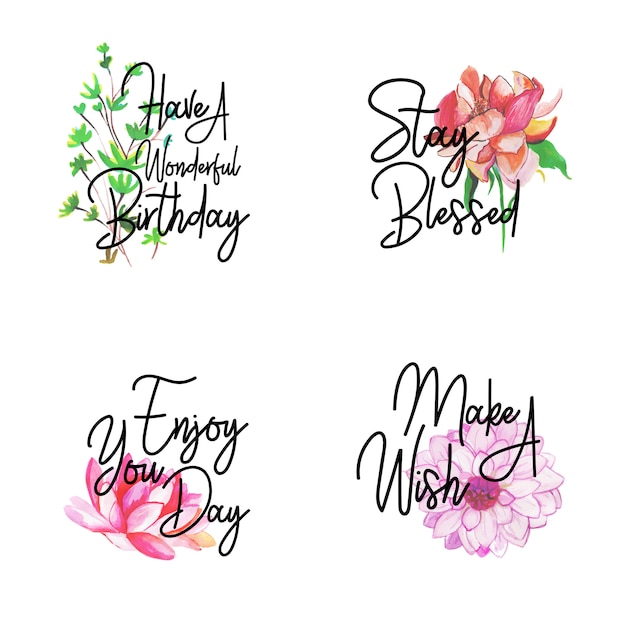 Happy Birthday Logo Collection With Watercolor Floral